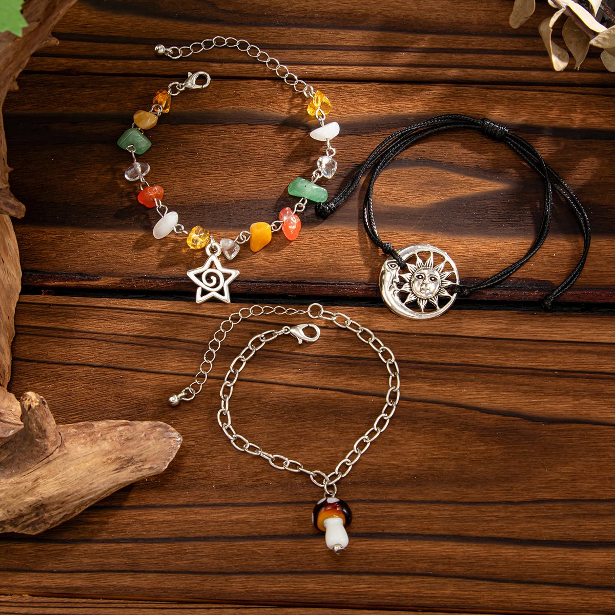 Boho 3pcs Mushroom Sun Moon Star Charm Turquoise Stone Bracelet Set - ArtGalleryZen