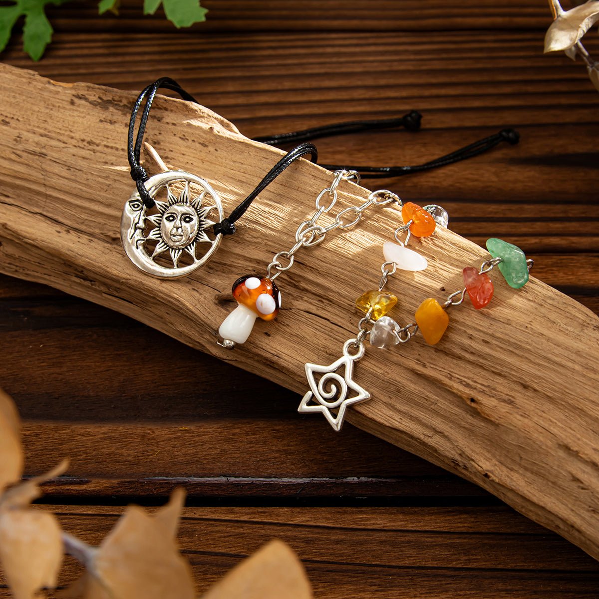 Boho 3pcs Mushroom Sun Moon Star Charm Turquoise Stone Bracelet Set - ArtGalleryZen