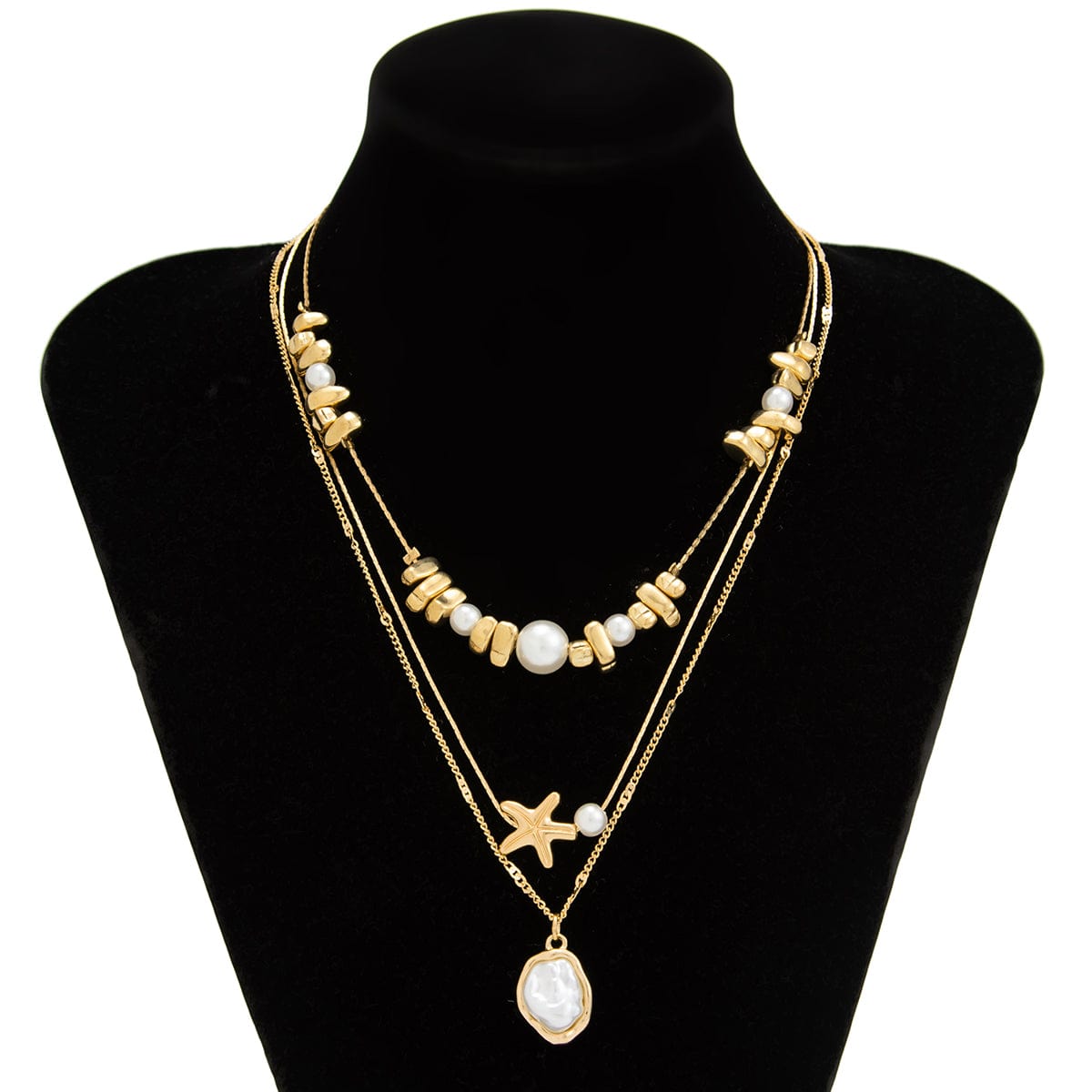 Boho 3pcs Pearl Starfish Pendant Irregular Beaded Necklace Set - ArtGalleryZen