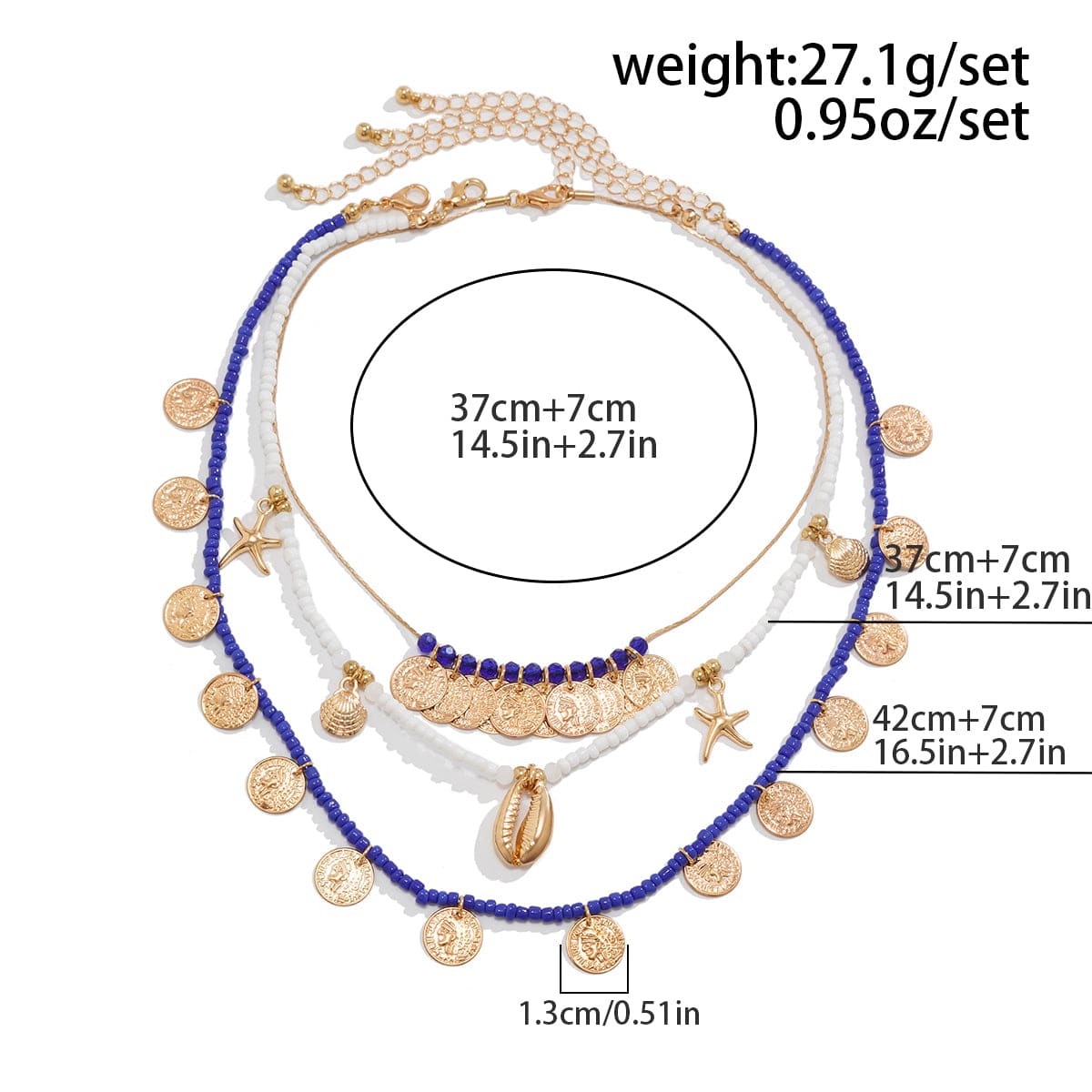 Boho 3Pcs Shell Starfish Pendant Relief Coin Tassel Seed Bead Necklace Set - ArtGalleryZen