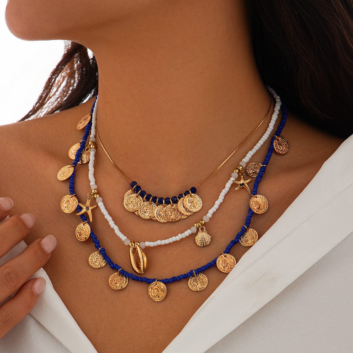 Boho 3Pcs Shell Starfish Pendant Relief Coin Tassel Seed Bead Necklace Set - ArtGalleryZen