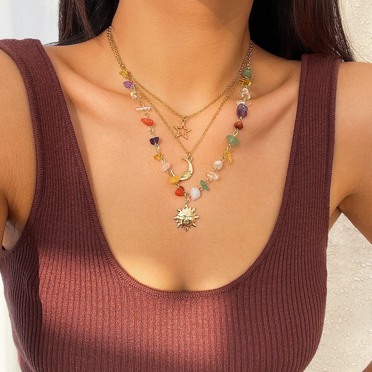 Boho 3Pcs Sun Moon Star Pendant Colorful Turquoise Stone Necklace Set - ArtGalleryZen
