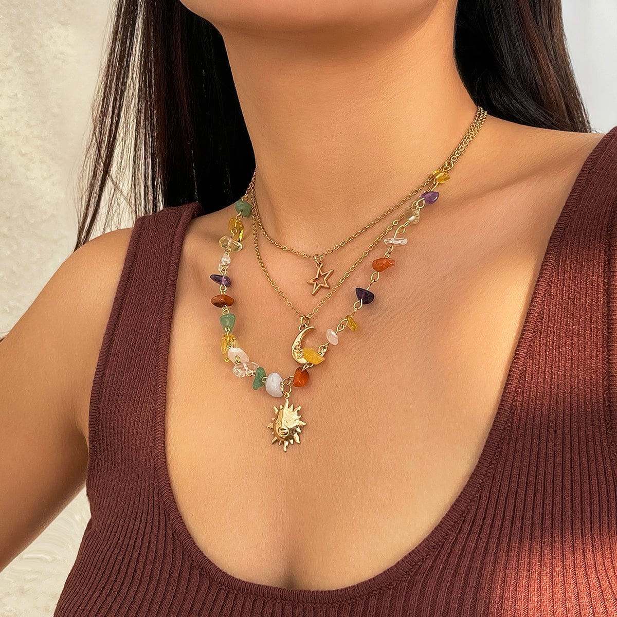 Boho 3Pcs Sun Moon Star Pendant Colorful Turquoise Stone Necklace Set - ArtGalleryZen