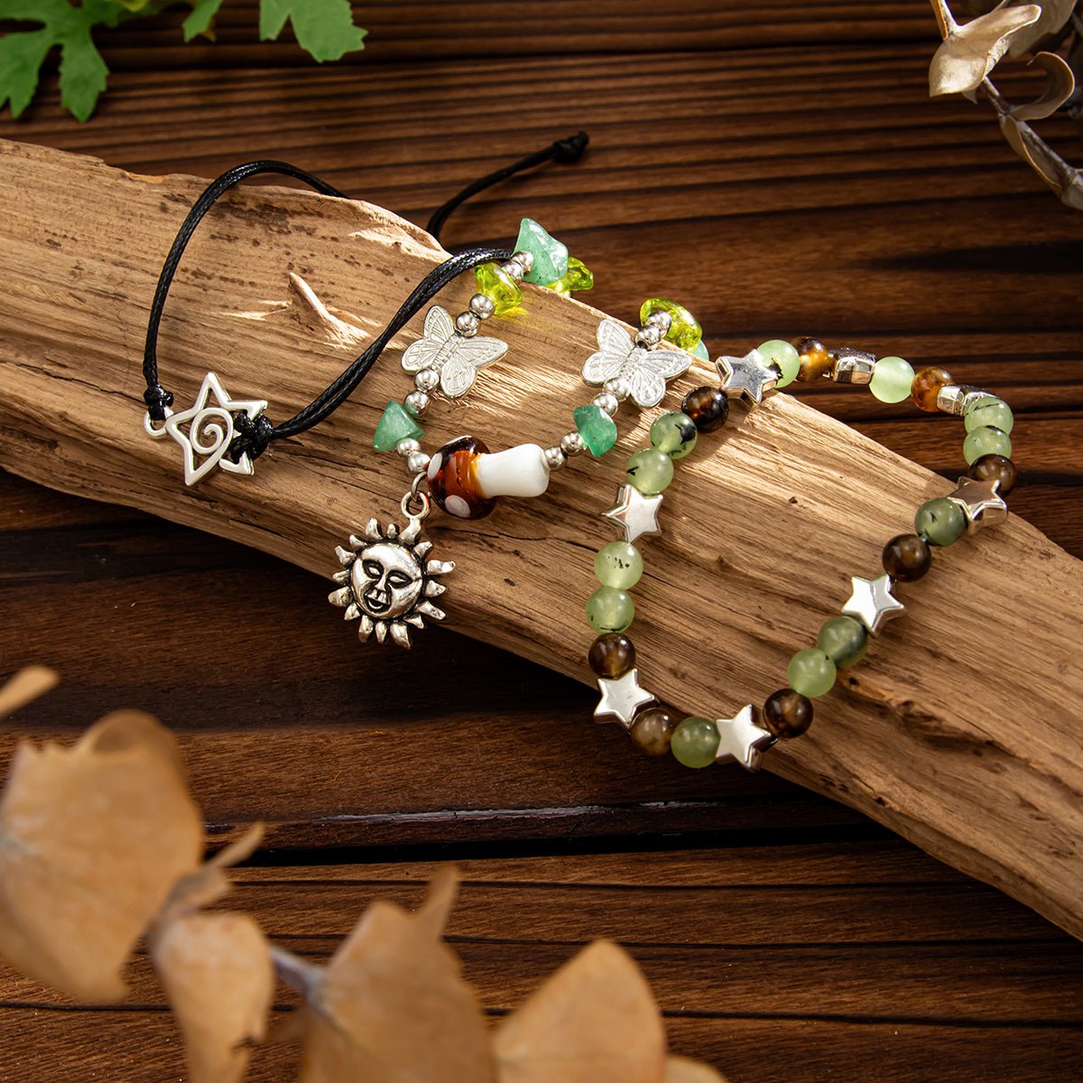 Boho 3pcs Sun Star Butterfly Charm Turquoise Stone Glass Beaded Bracelet Set - ArtGalleryZen
