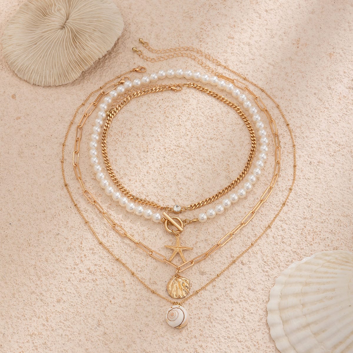 Boho 4Pcs Crystal Inlaid Starfish Conch Pendant Pearl Chain Necklace Set - ArtGalleryZen
