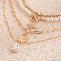 Thumbnail for Boho 4Pcs Crystal Inlaid Starfish Conch Pendant Pearl Chain Necklace Set - ArtGalleryZen