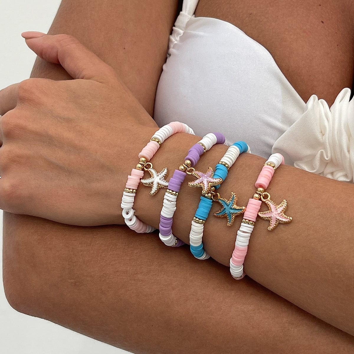 Boho 4pcs Enamel Starfish Charm Polymer Clay Beaded Bracelet Set - ArtGalleryZen