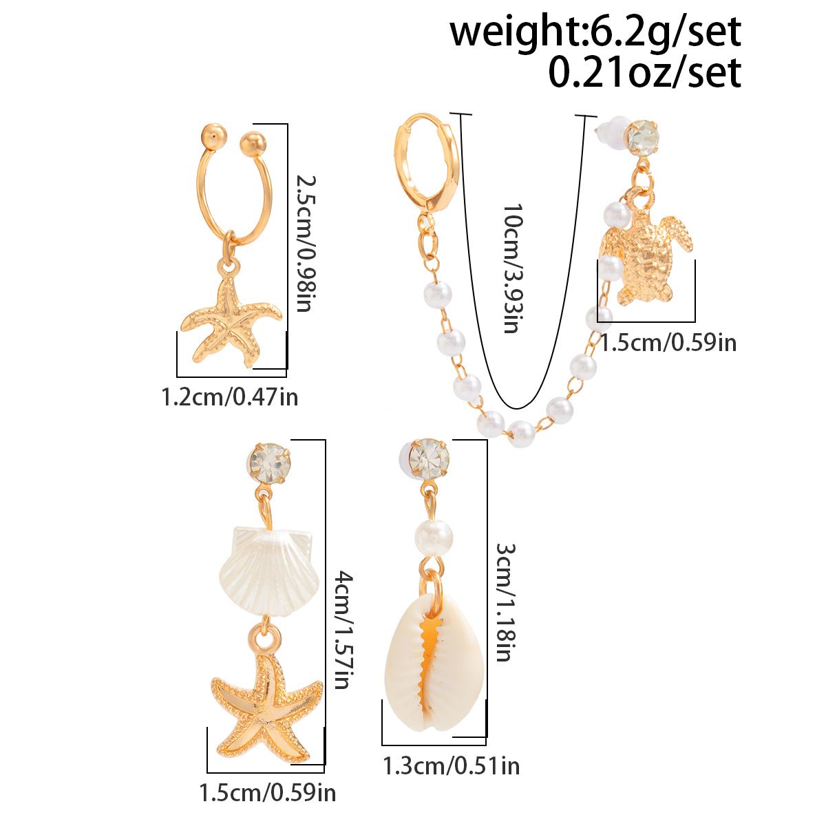 Boho 4pcs Pearl Conch Shell Starfish Turtle Dangle Earrings Set - ArtGalleryZen