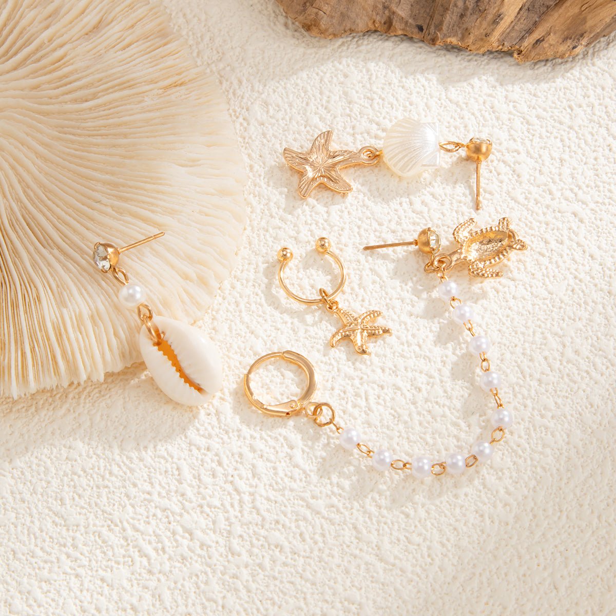 Boho 4pcs Pearl Conch Shell Starfish Turtle Dangle Earrings Set - ArtGalleryZen