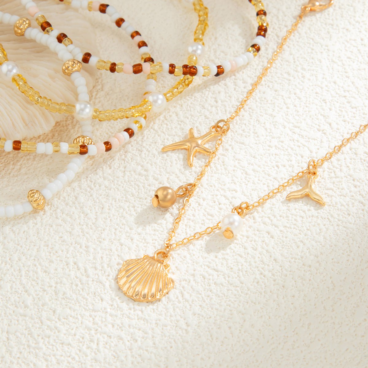 Boho 5pcs Shell Starfish Charm Pearl Seed Beaded Anklet Set - ArtGalleryZen