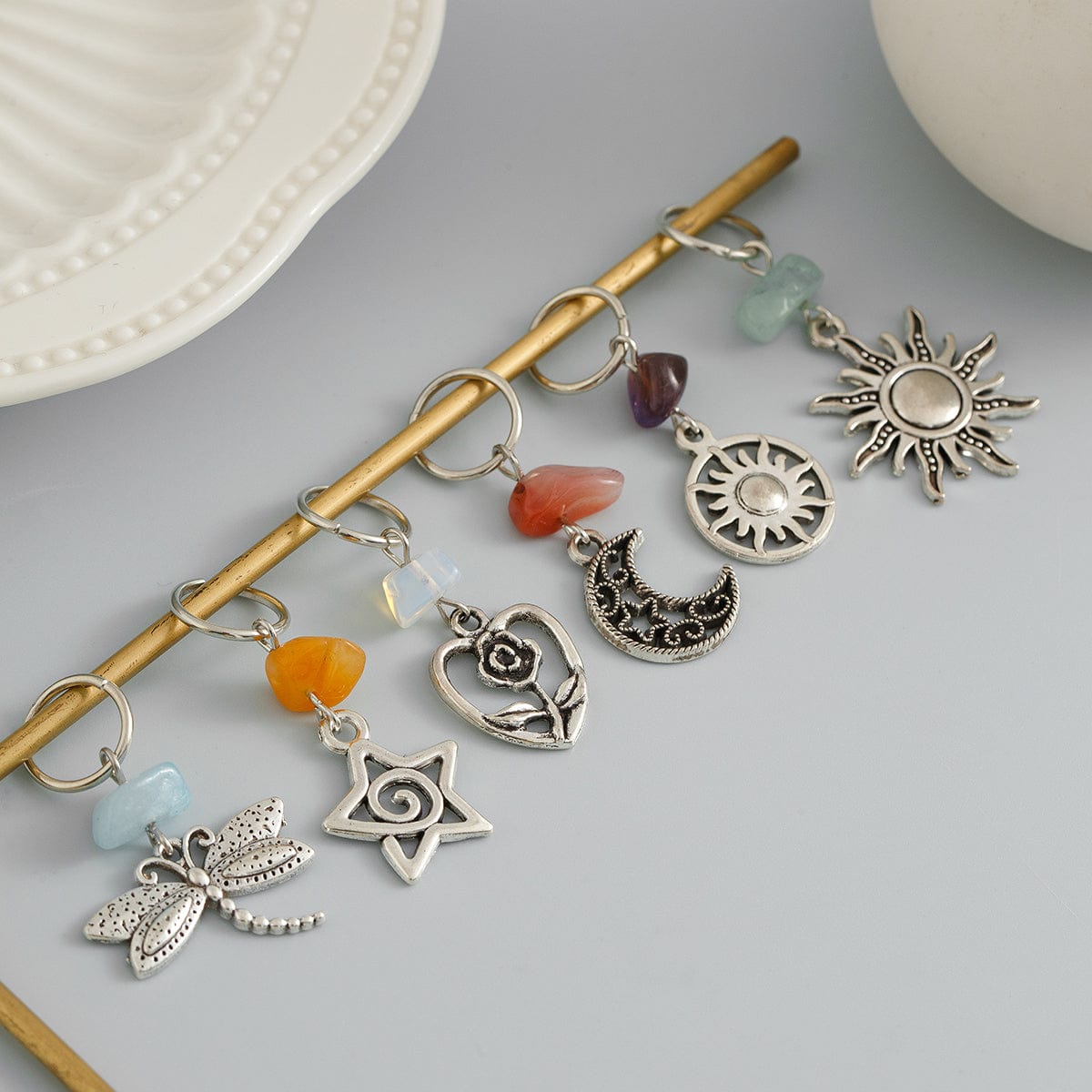 Boho 6Pcs Turquoise Stone Sun Moon Star Dragonfly Floral Heart Charm Hair Braids Ring Set - ArtGalleryZen