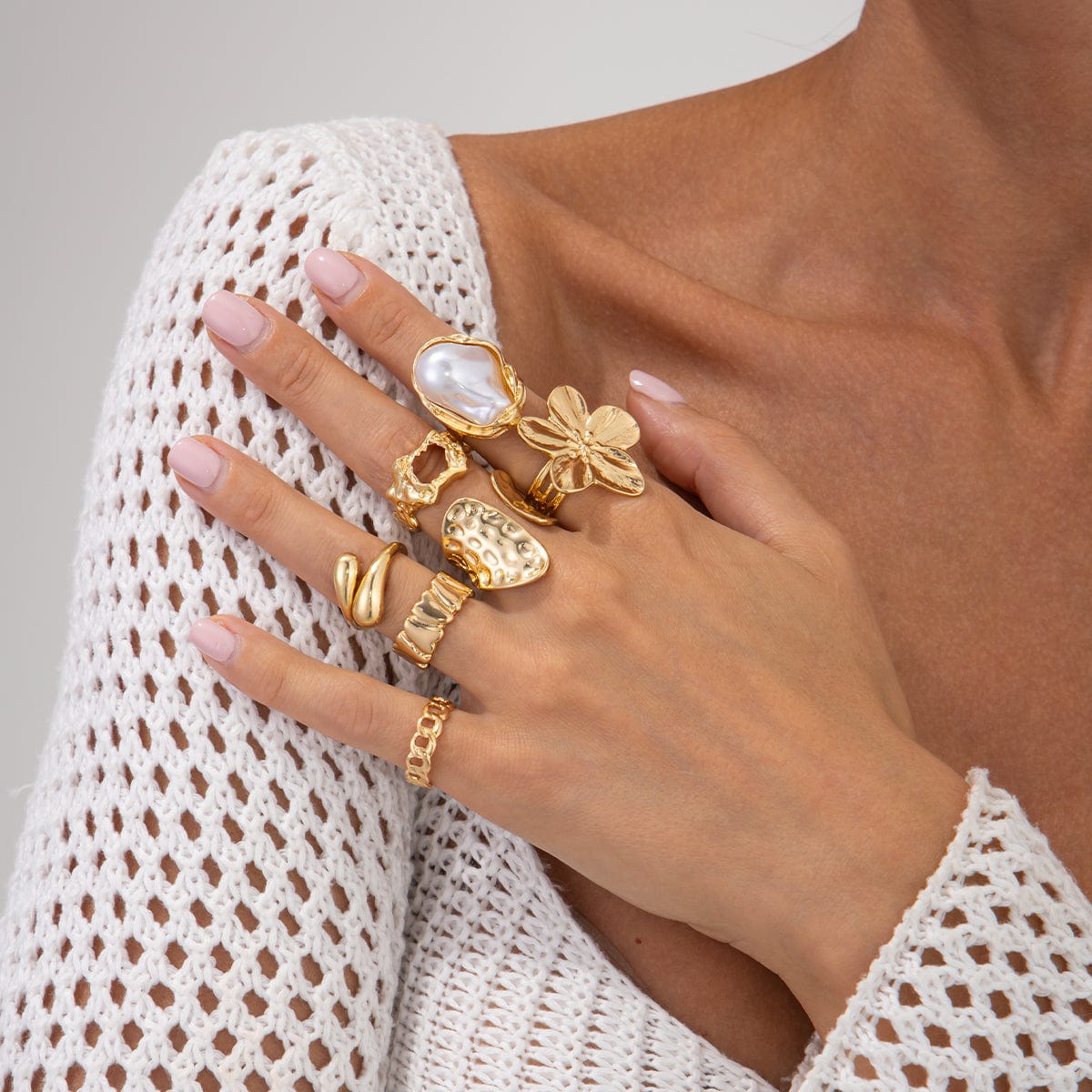 Boho 7pcs Enamel Flower Pearl Hollow Ring Set - ArtGalleryZen