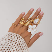 Thumbnail for Boho 7pcs Enamel Flower Pearl Hollow Ring Set - ArtGalleryZen