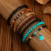Thumbnail for Boho 7pcs Turquoise Inlaid Square Charm Coconut Shell Wood Beaded Chain Bracelet Set - ArtGalleryZen