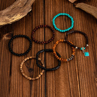 Thumbnail for Boho 7pcs Turquoise Inlaid Square Charm Coconut Shell Wood Beaded Chain Bracelet Set - ArtGalleryZen