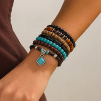 Thumbnail for Boho 7pcs Turquoise Inlaid Square Charm Coconut Shell Wood Beaded Chain Bracelet Set - ArtGalleryZen