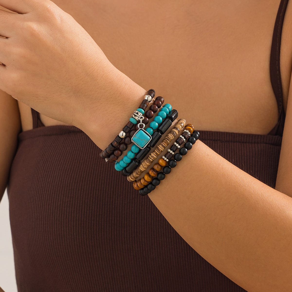 Boho 7pcs Turquoise Inlaid Square Charm Coconut Shell Wood Beaded Chain Bracelet Set - ArtGalleryZen