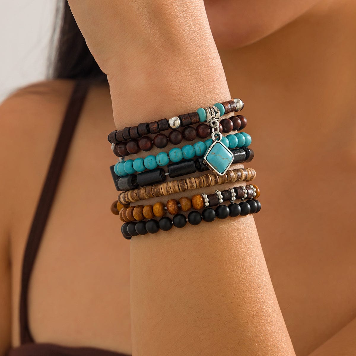 Boho 7pcs Turquoise Inlaid Square Charm Coconut Shell Wood Beaded Chain Bracelet Set - ArtGalleryZen