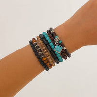 Thumbnail for Boho 7pcs Turquoise Inlaid Square Charm Coconut Shell Wood Beaded Chain Bracelet Set - ArtGalleryZen