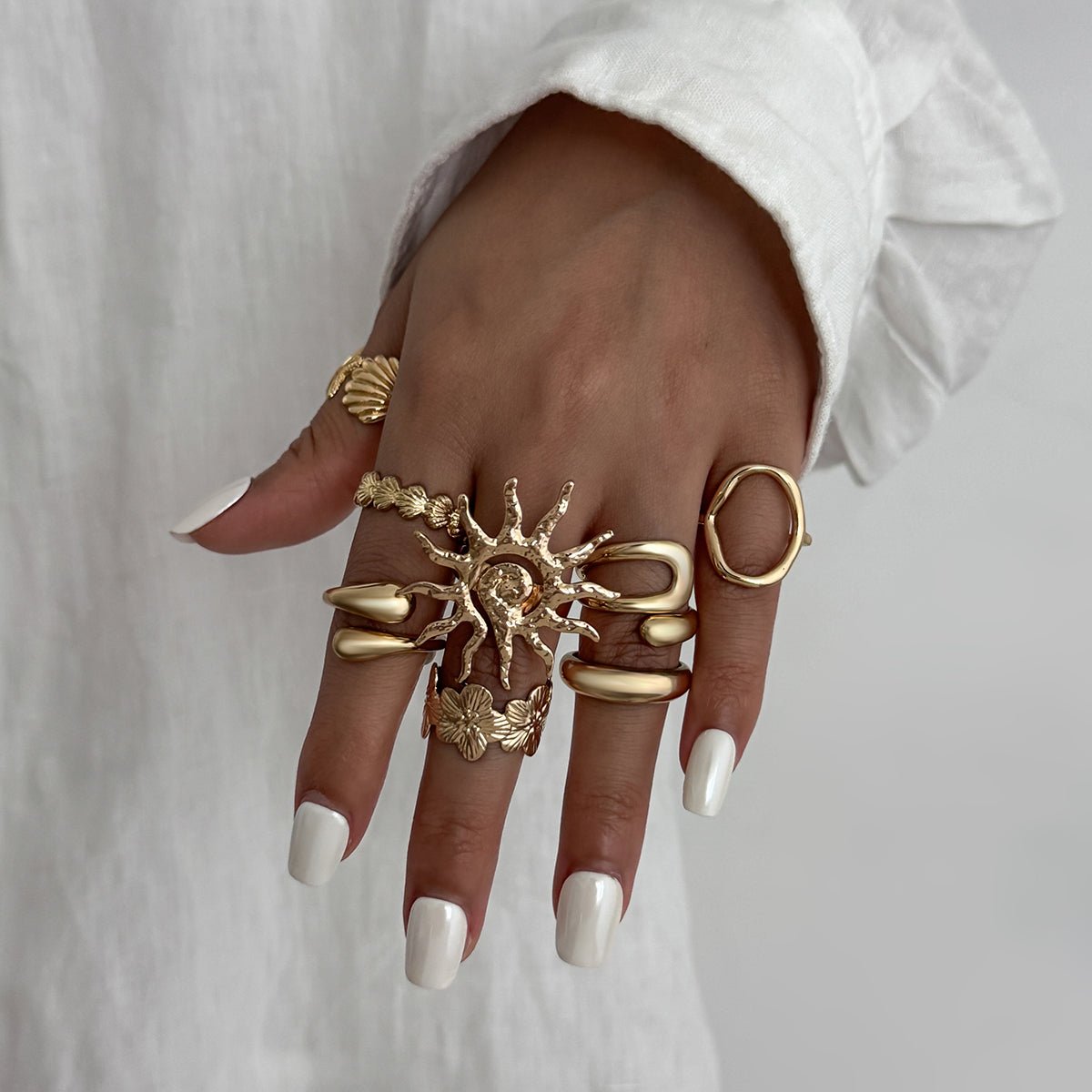Boho 8pcs Sun Flower Shell Starfish Hollow Ring Set - ArtGalleryZen