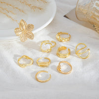 Thumbnail for Boho 9pcs Chunky Flower Pearl Curved Waterdrop Open Ring Set - ArtGalleryZen