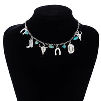 Thumbnail for Boho Bull Boot Cowboy Hat Turquoise Charm Necklace - ArtGalleryZen