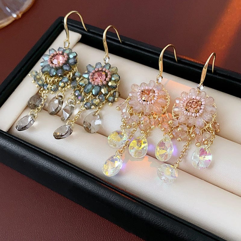 Boho Chunky CZ Rhinestone Inlaid Flower Crystal Tassel Earrings - ArtGalleryZen