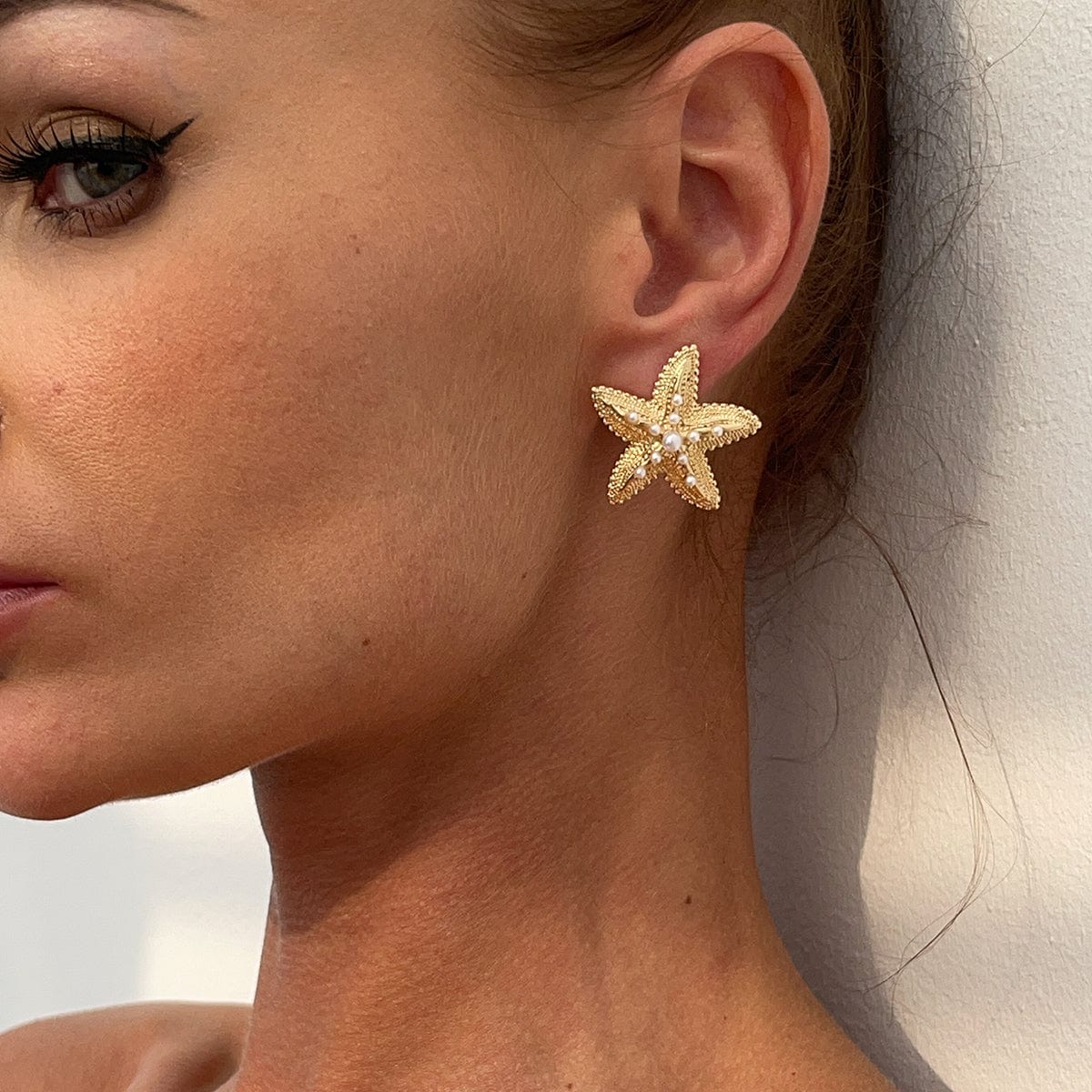 Boho Chunky Pearl Inlaid Starfish Earrings - ArtGalleryZen