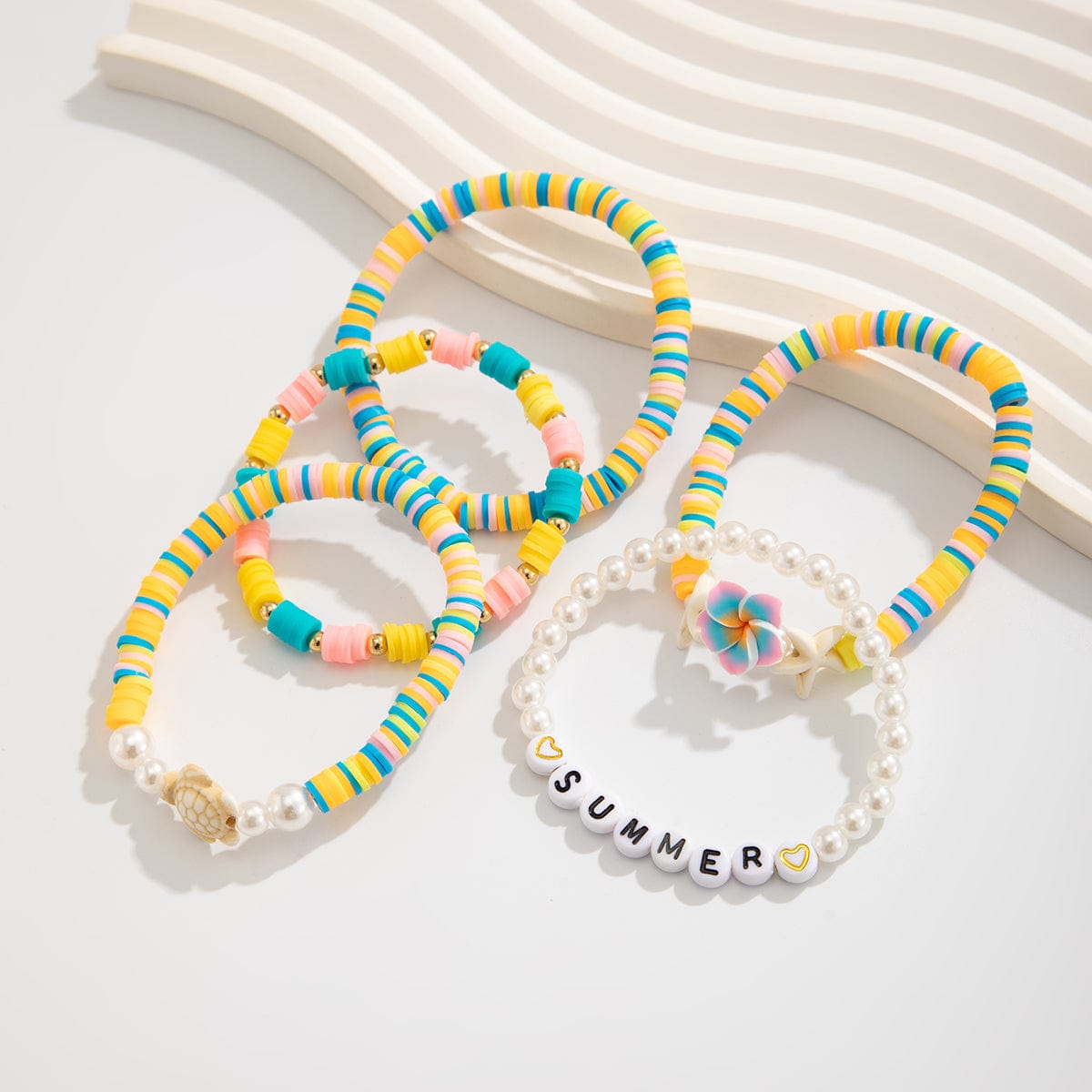 Boho Colorful 5pcs Flower Turtle Pearl Beaded Bracelet Set - ArtGalleryZen