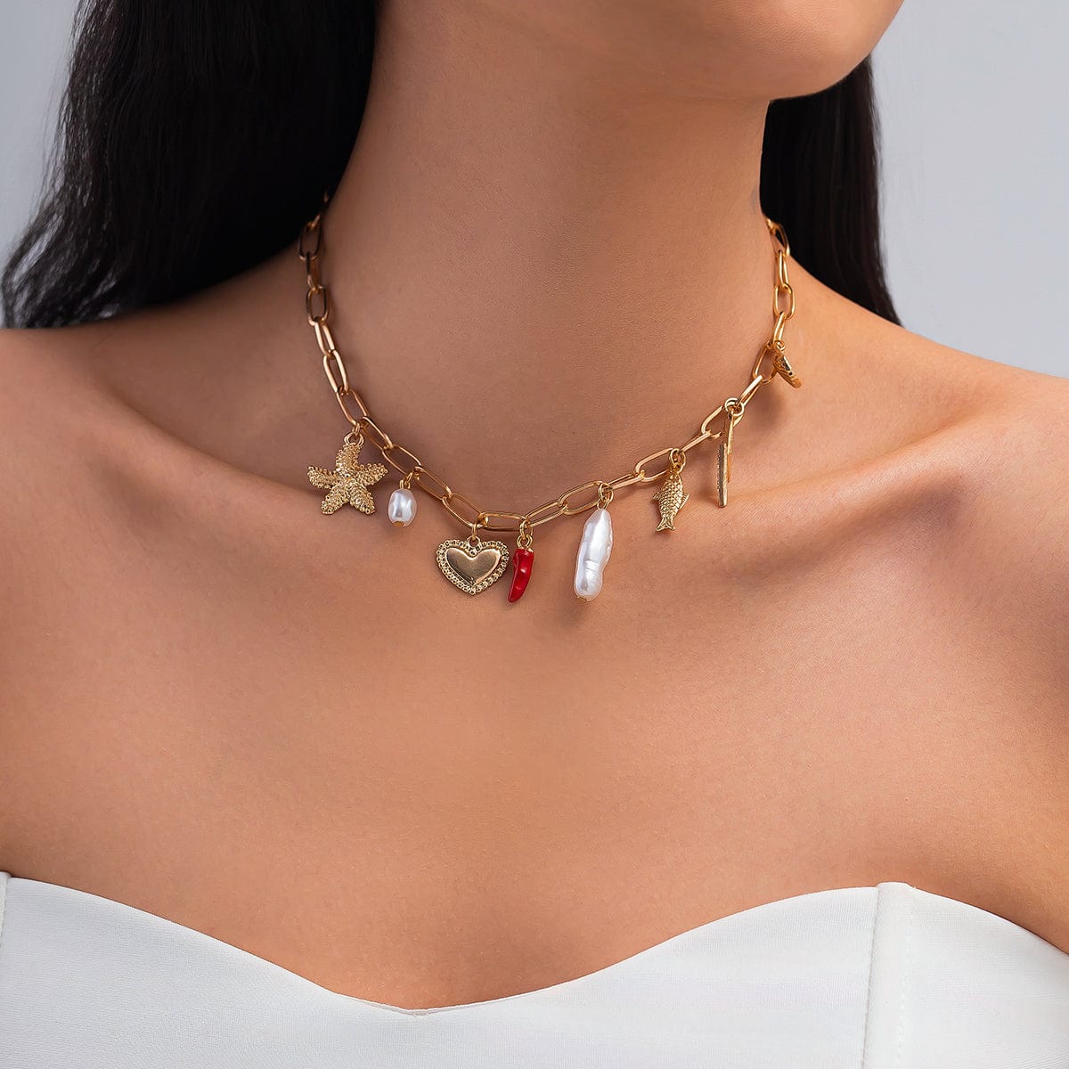 Boho Enamel Chili Heart Irregular Pearl Pendant Necklace - ArtGalleryZen