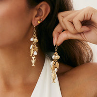 Thumbnail for Boho Fishbone Pearl Conch Shell Tassel Hoop Earrings - ArtGalleryZen