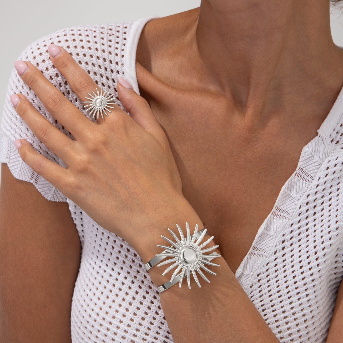 Boho Gold Silver Plated Sun Open Ring Bangle Bracelet Set - ArtGalleryZen