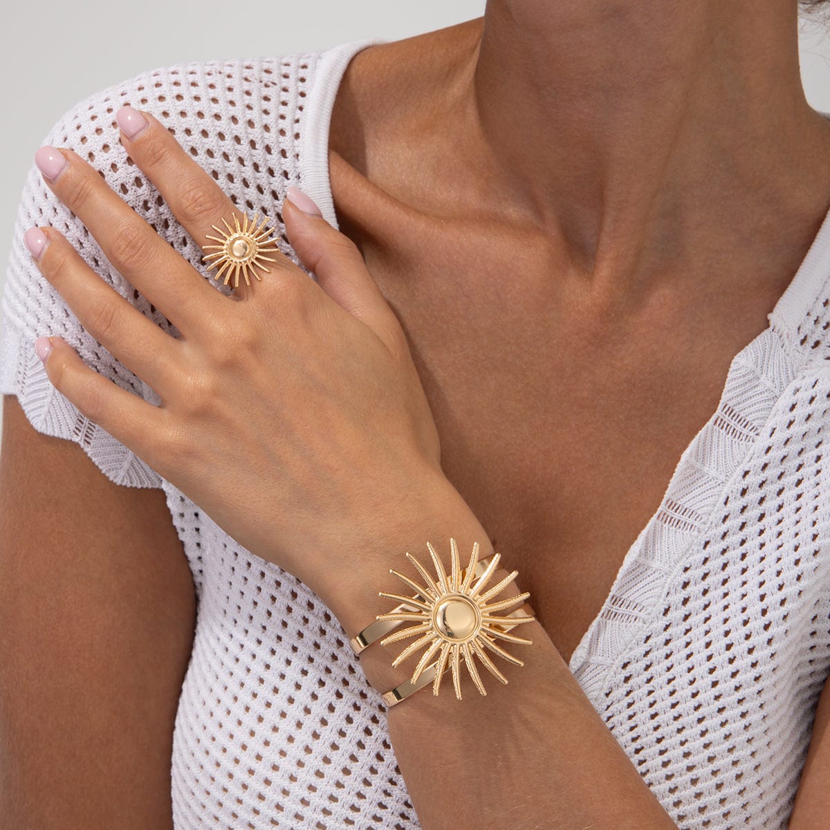 Boho Gold Silver Plated Sun Open Ring Bangle Bracelet Set - ArtGalleryZen