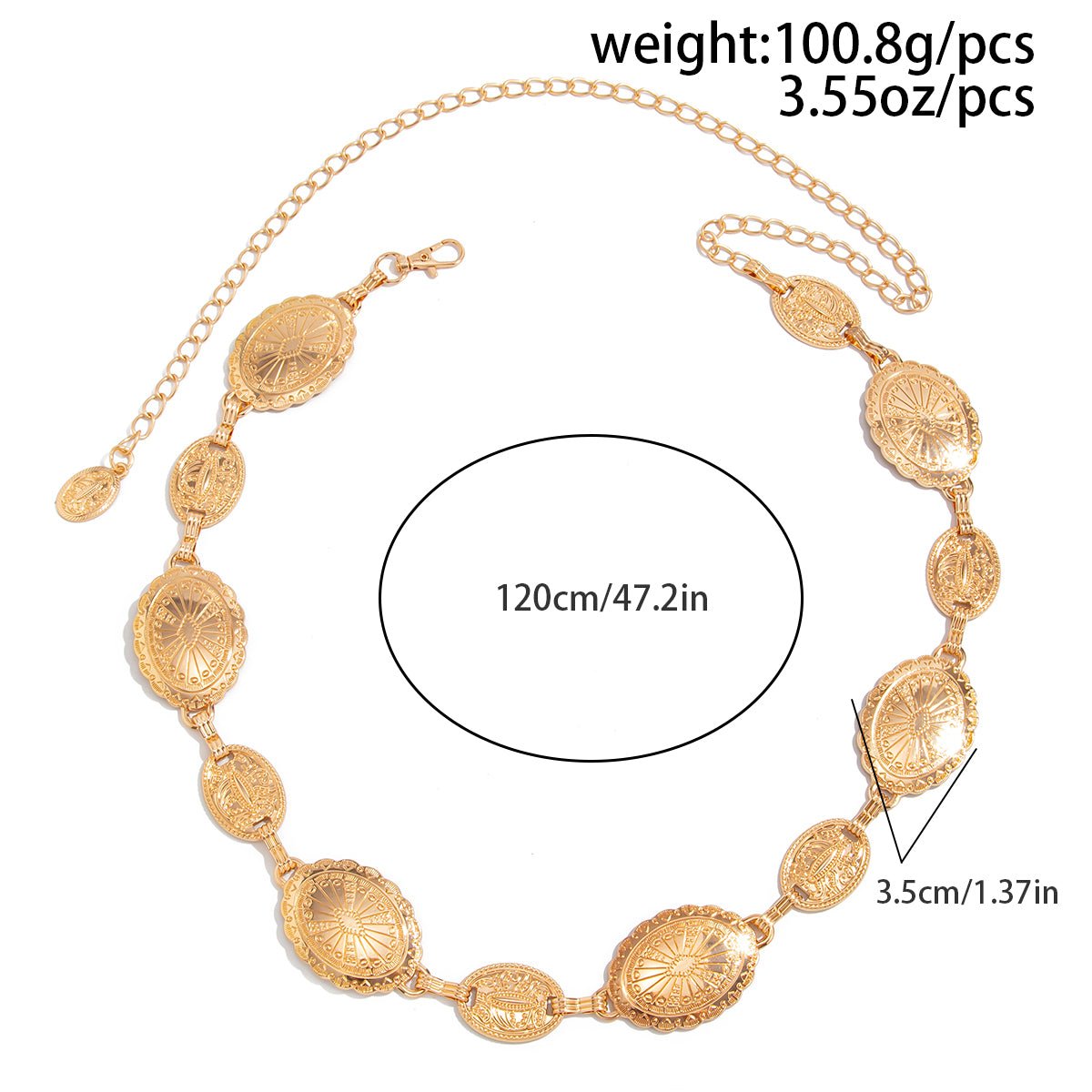 Boho Gold Silver Tone Carved Flower Oval Disk Waist Chain - ArtGalleryZen