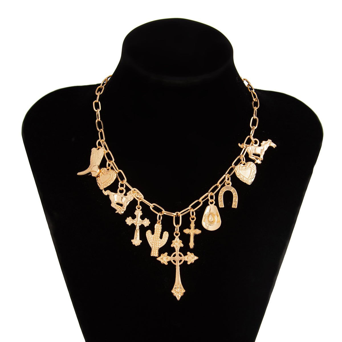 Boho Gold Tone Cross Cactus Cowboy Hat Charm Necklace - ArtGalleryZen