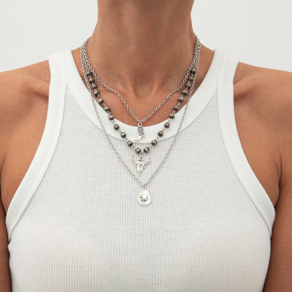Boho Layered Bull Boot Cowboy Hat Charm Ball Chain Necklace Set - ArtGalleryZen