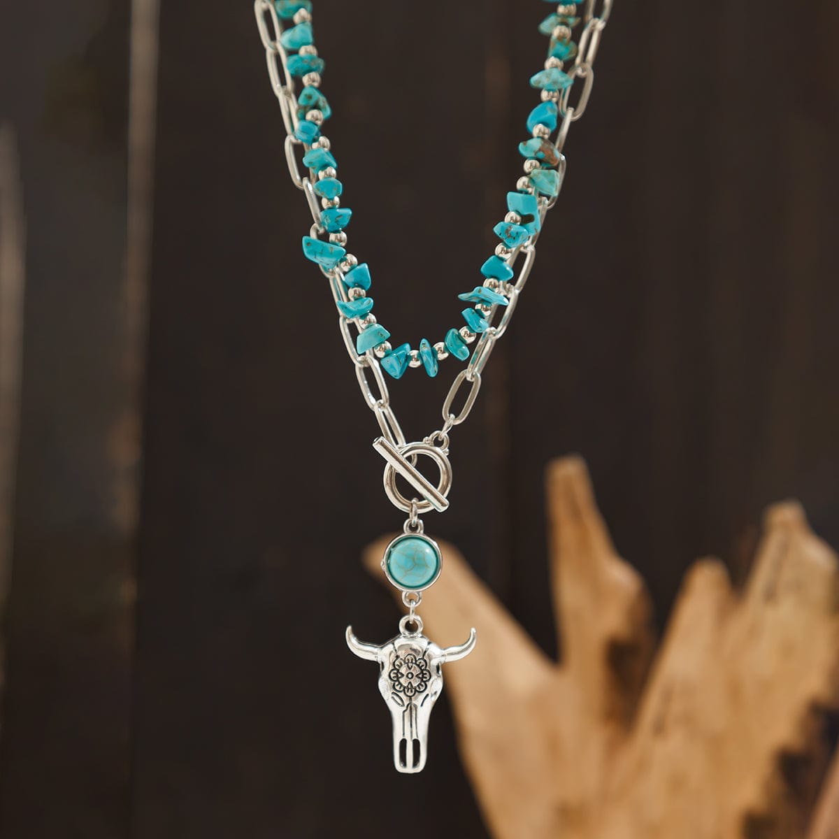 Boho Layered Bull Pendant Turquoise Necklace Set - ArtGalleryZen