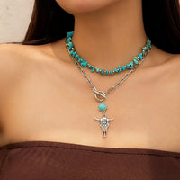 Thumbnail for Boho Layered Bull Pendant Turquoise Necklace Set - ArtGalleryZen