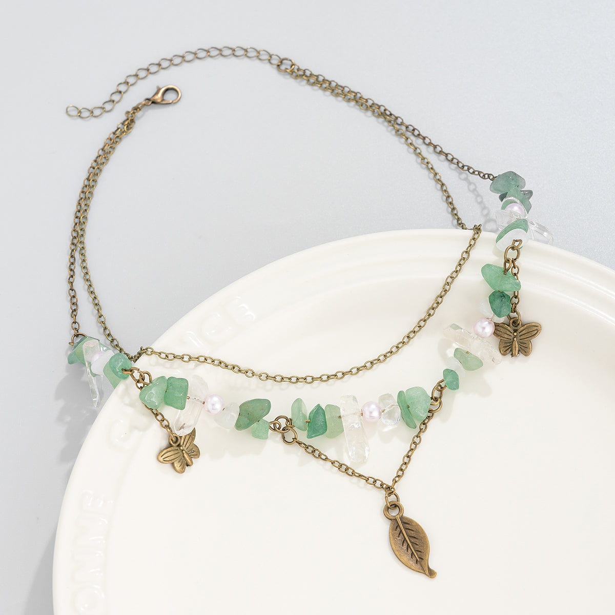 Boho Layered Butterfly Feather Pendant Turquoise Stone Chain Necklace - ArtGalleryZen