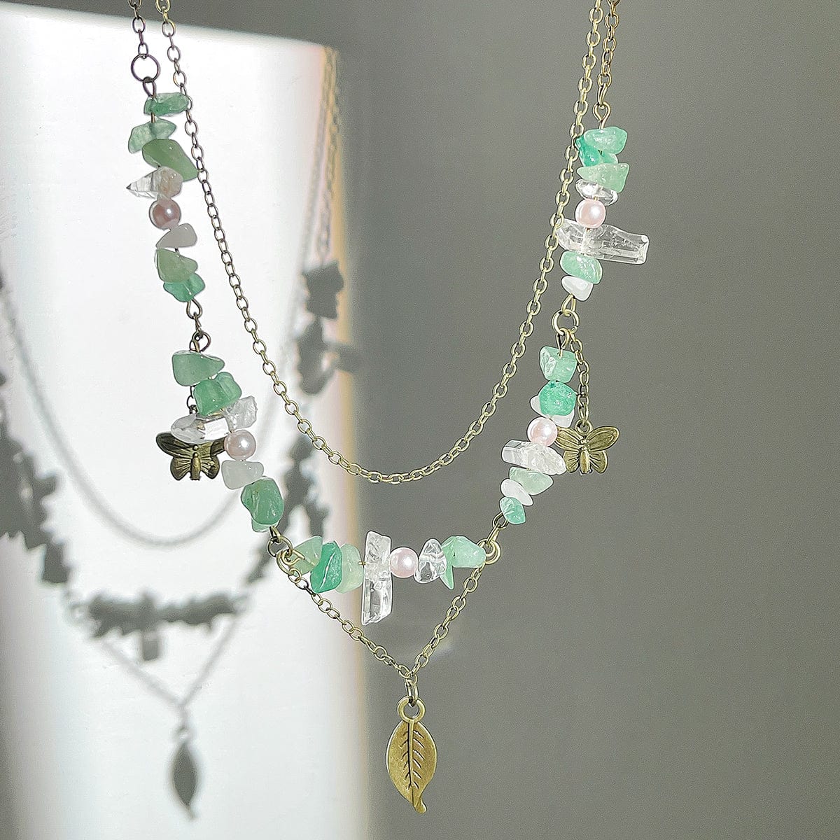 Boho Layered Butterfly Feather Pendant Turquoise Stone Chain Necklace - ArtGalleryZen