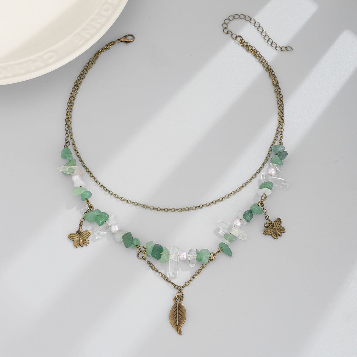 Boho Layered Butterfly Feather Pendant Turquoise Stone Chain Necklace - ArtGalleryZen