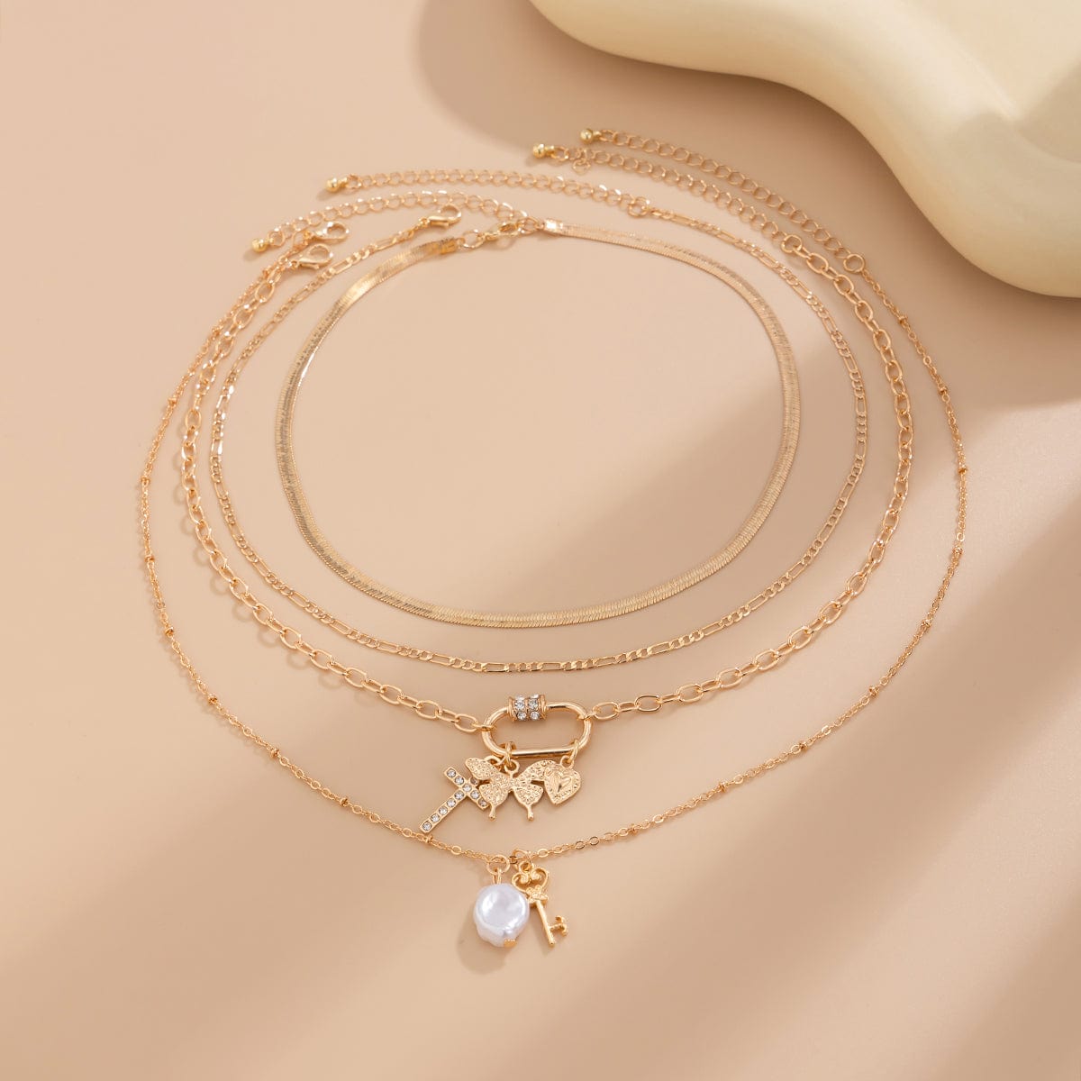 Boho Layered Butterfly Pearl Pendant Snake Chain Choker Necklace Set - ArtGalleryZen