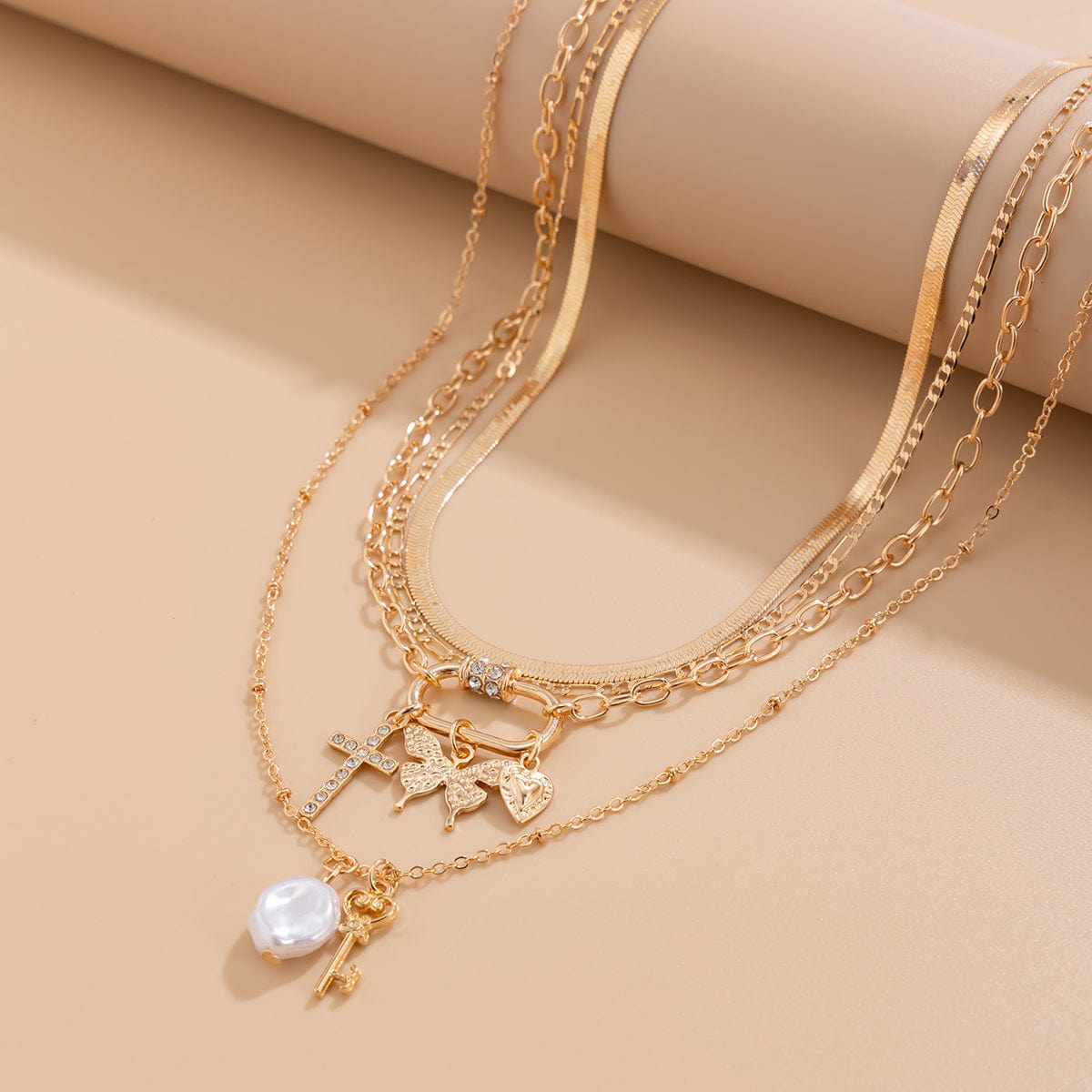 Boho Layered Butterfly Pearl Pendant Snake Chain Choker Necklace Set - ArtGalleryZen