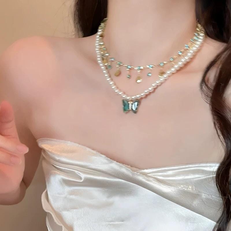 Boho Layered Butterfly Rhinestone Shell Tassel Pearl Chain Necklace - ArtGalleryZen
