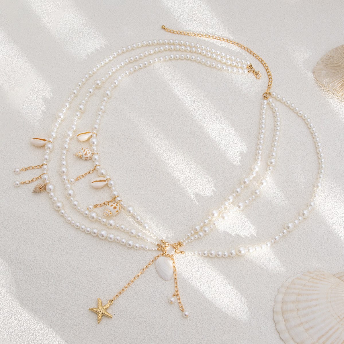 Boho Layered Conch Starfish Pendant Pearl Waist Chain Body Chain Bra - ArtGalleryZen