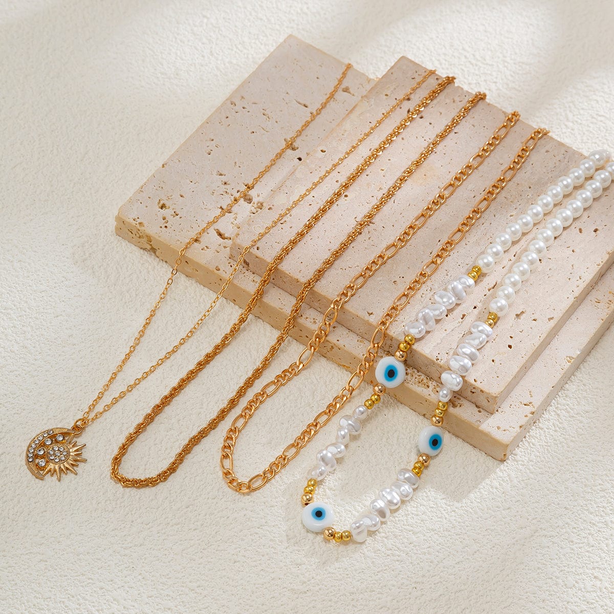 Boho Layered CZ Inlaid Sun Moon Pendant Evil Eye Pearl Chain Necklace Set - ArtGalleryZen