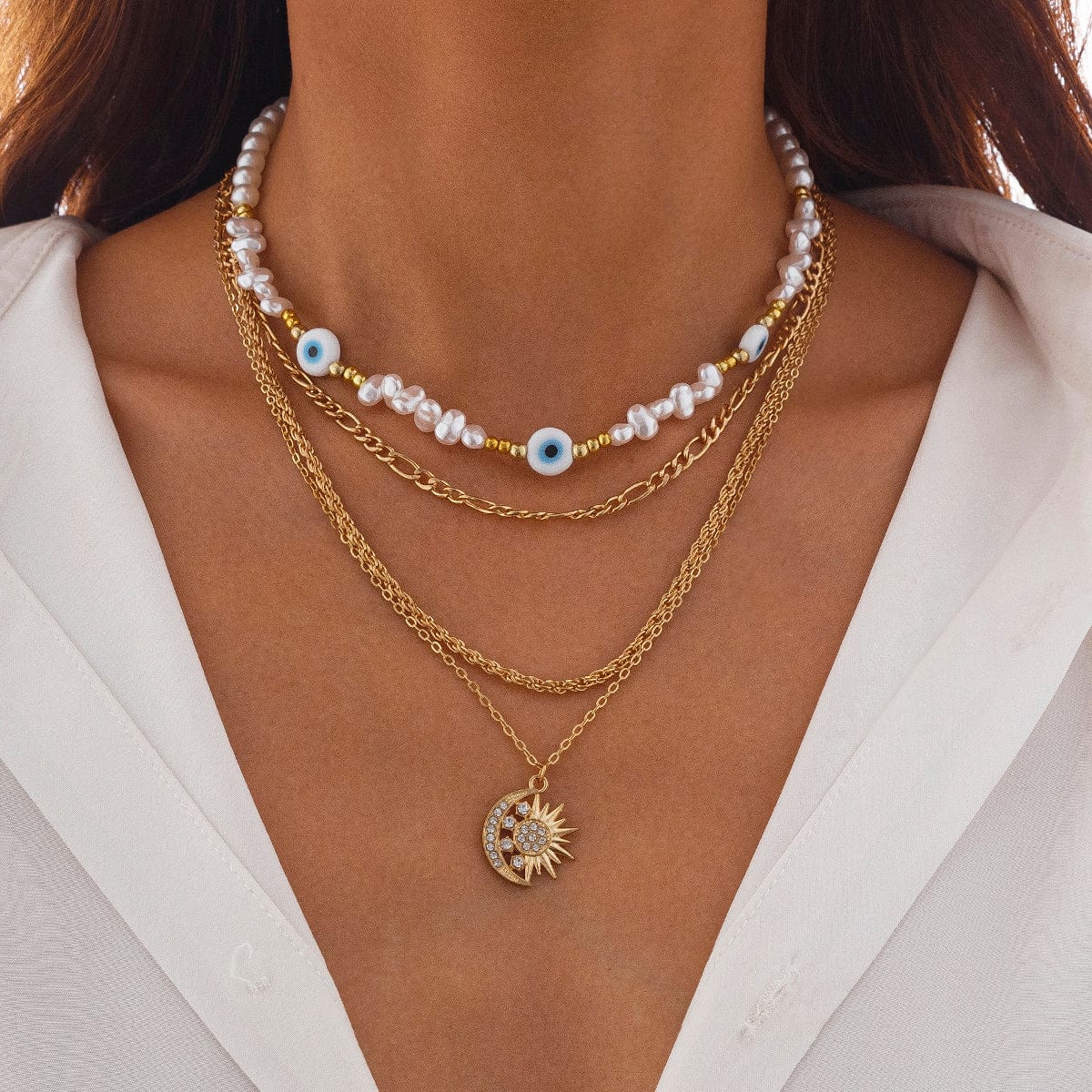 Boho Layered CZ Inlaid Sun Moon Pendant Evil Eye Pearl Chain Necklace Set - ArtGalleryZen