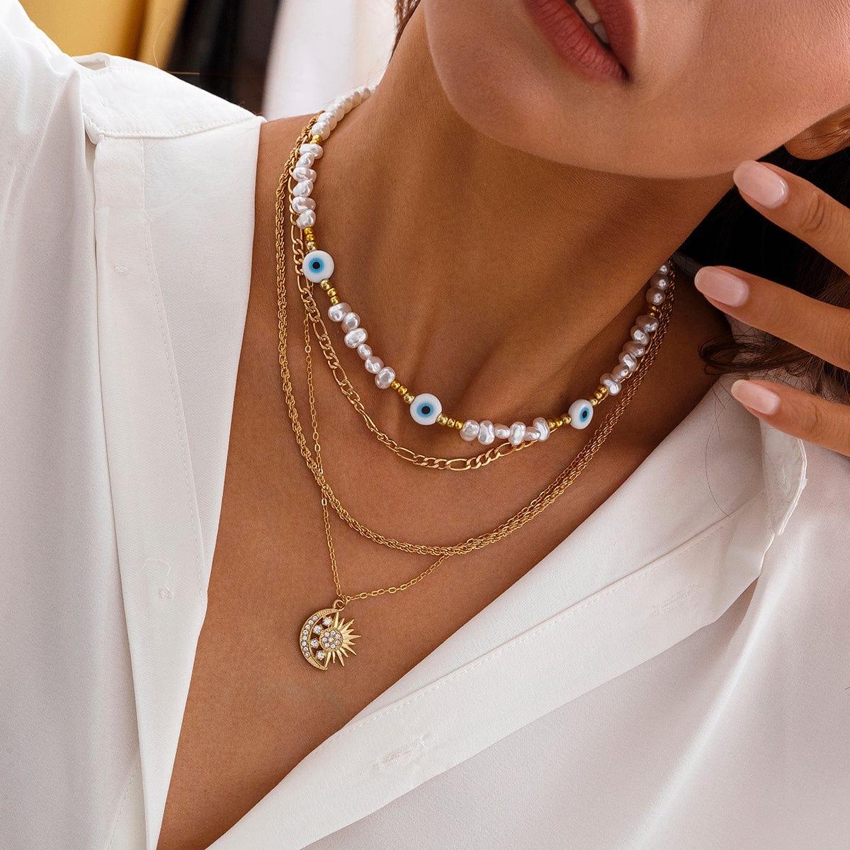 Boho Layered CZ Inlaid Sun Moon Pendant Evil Eye Pearl Chain Necklace Set - ArtGalleryZen