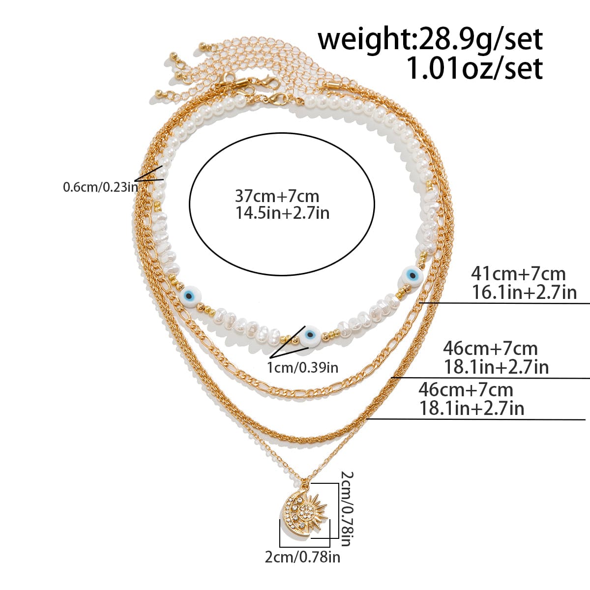 Boho Layered CZ Inlaid Sun Moon Pendant Evil Eye Pearl Chain Necklace Set - ArtGalleryZen