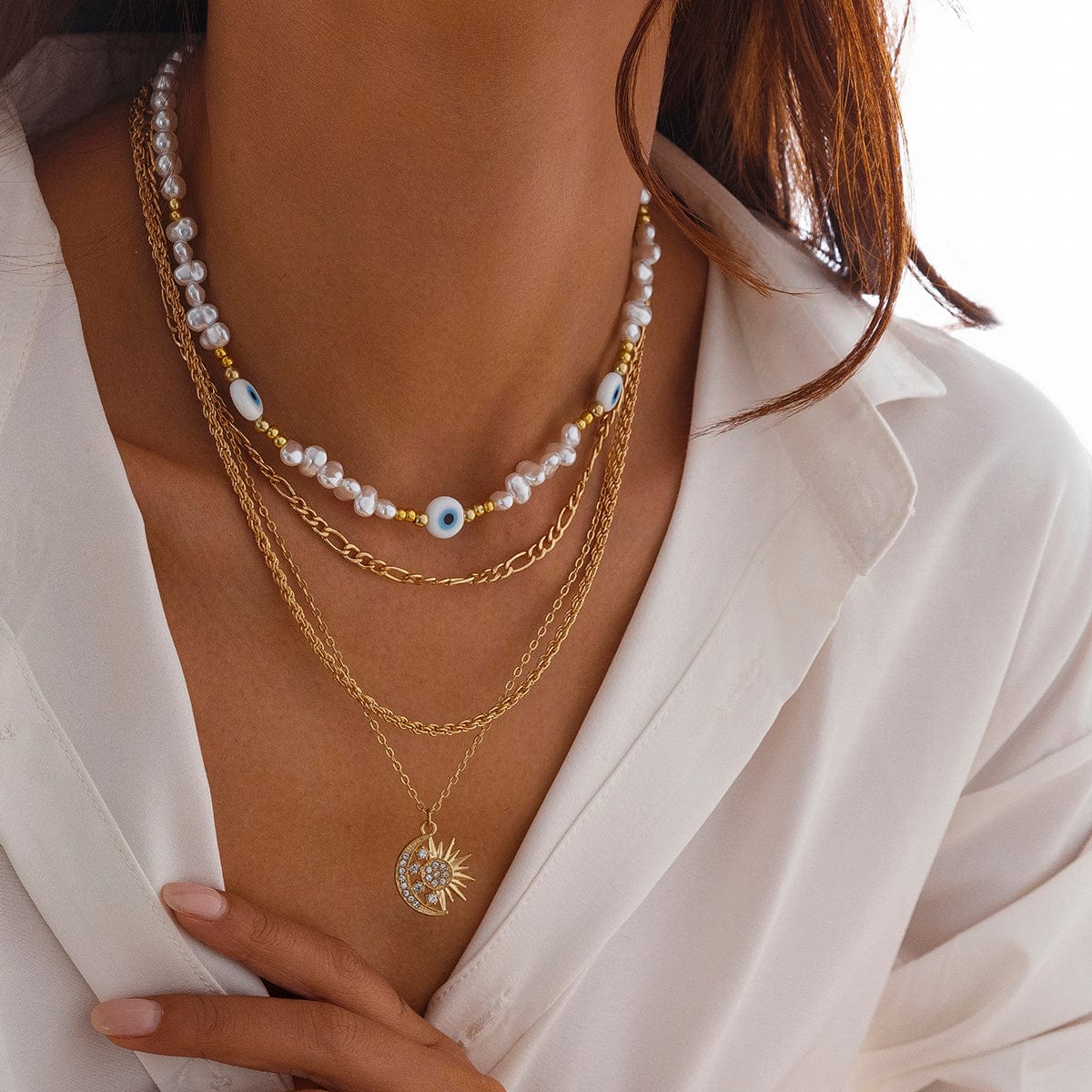 Boho Layered CZ Inlaid Sun Moon Pendant Evil Eye Pearl Chain Necklace Set - ArtGalleryZen